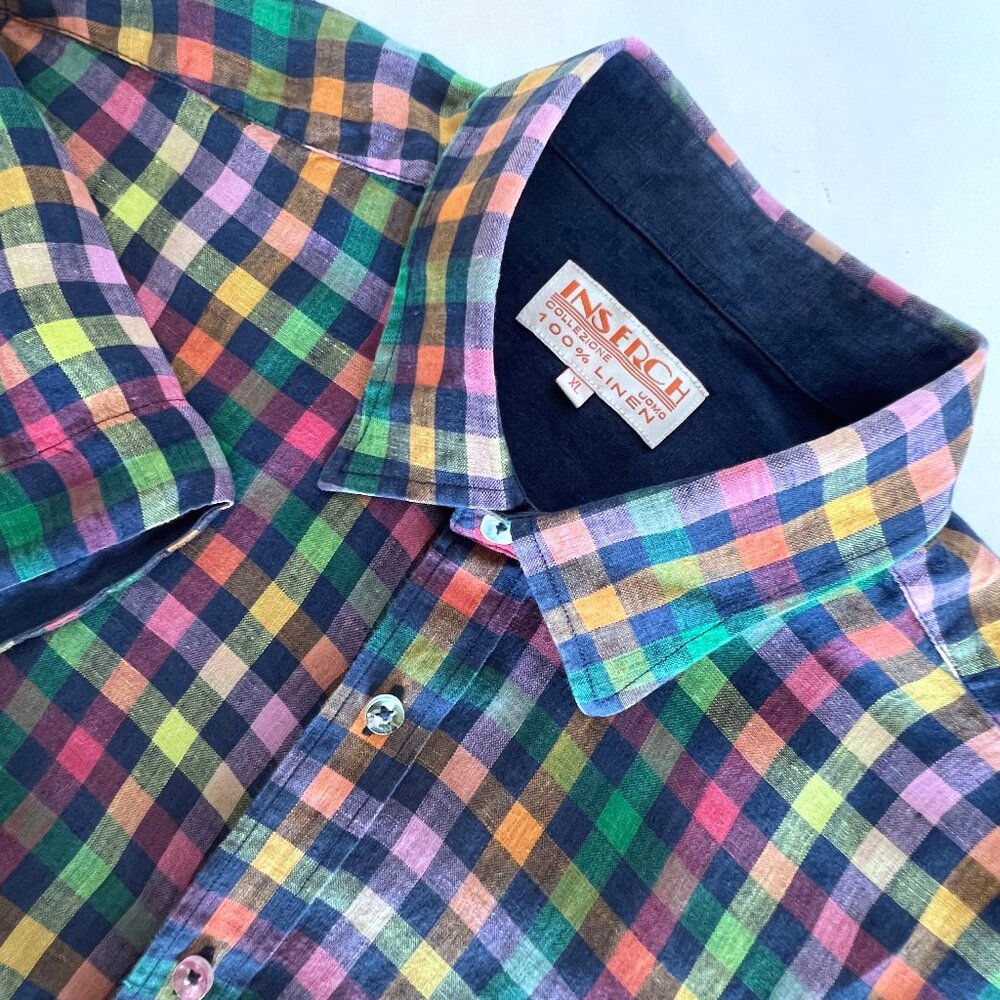 NWOT Mens Short Sleeve Shirt Linen Size XL Button Up Multicolor Check Inserch